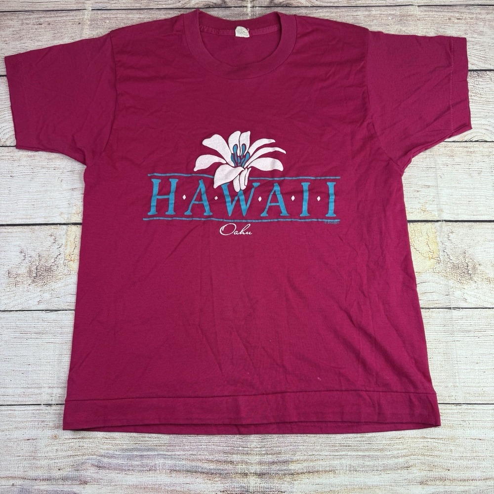 Vintage 90s Hawaii‎ Oahu T-Shirt M Pink Flower Tourist Tee Screen Stars USA